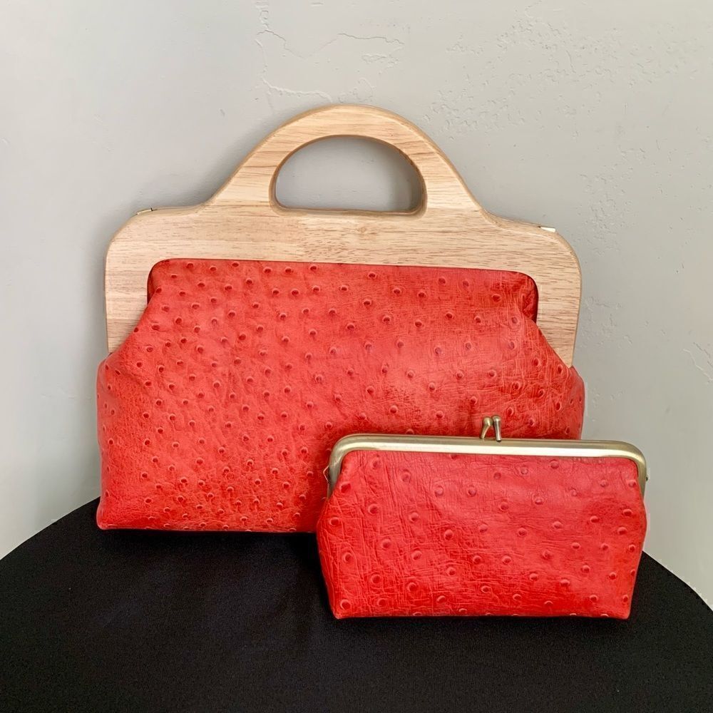 Handmade Genuine Ostrich Textured Cowhide, Wooden Frame Bag & Small Clutch Set